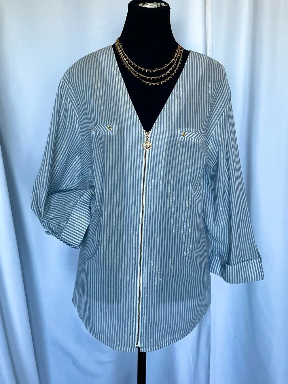 Anne Klein Swimsuit Cover Up Full Zip Blue White Gold Pinstripe Coastal Size XL